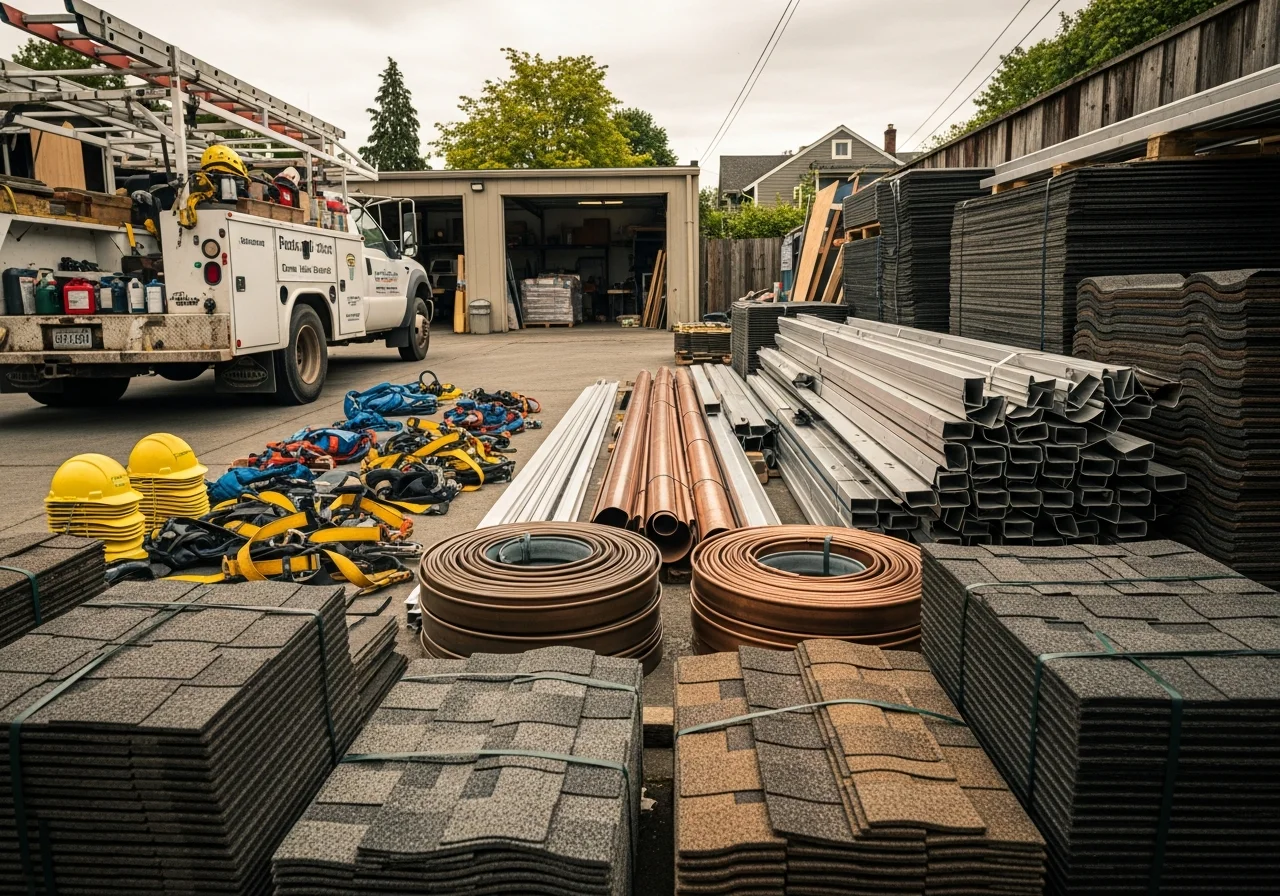 Roofing crew with tools and equipment ready for installation work on a residential roof project.