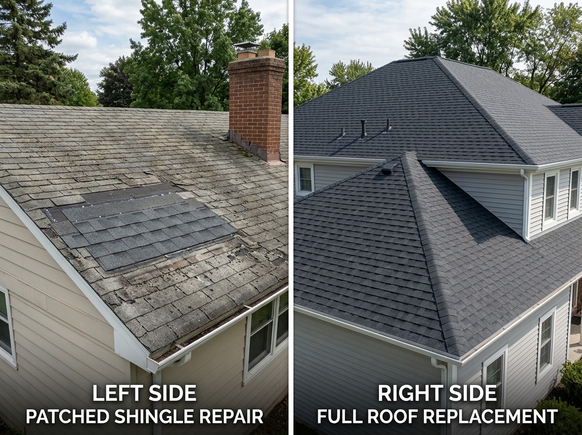 Side-by-side cost comparison graphic of asphalt shingle spot repair versus full roof replacement pricing