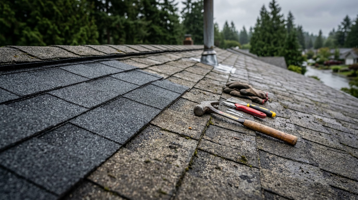 Asphalt shingle roof repair in progress on a Tigard, OR home Asphalt shingle roof repair in progress on a Tigard, OR home