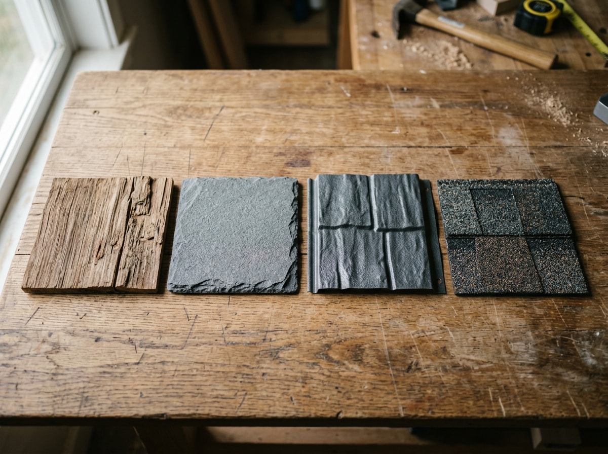 Side-by-side comparison of cedar shake, composite slate, metal, and asphalt shingle roofing material swatches