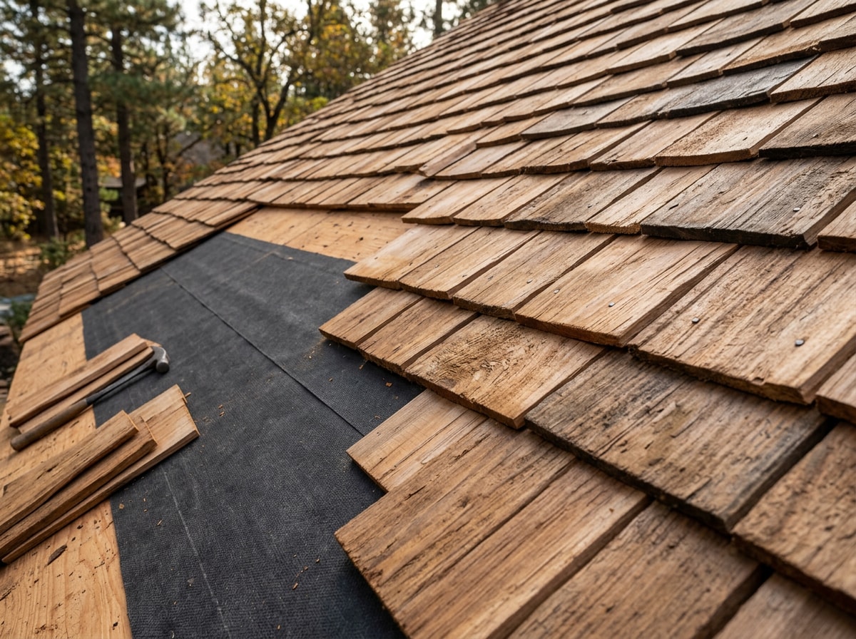Roofer installing overlapping cedar shake shingles on a Lake Oswego home roof deck