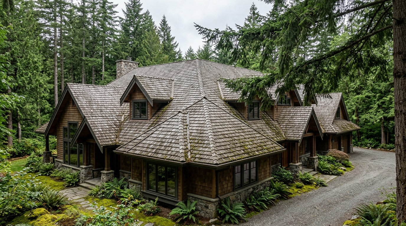 Cedar shake roof on a wooded Lake Oswego home with mature trees overhead Cedar shake roof on a wooded Lake Oswego home with mature trees overhead