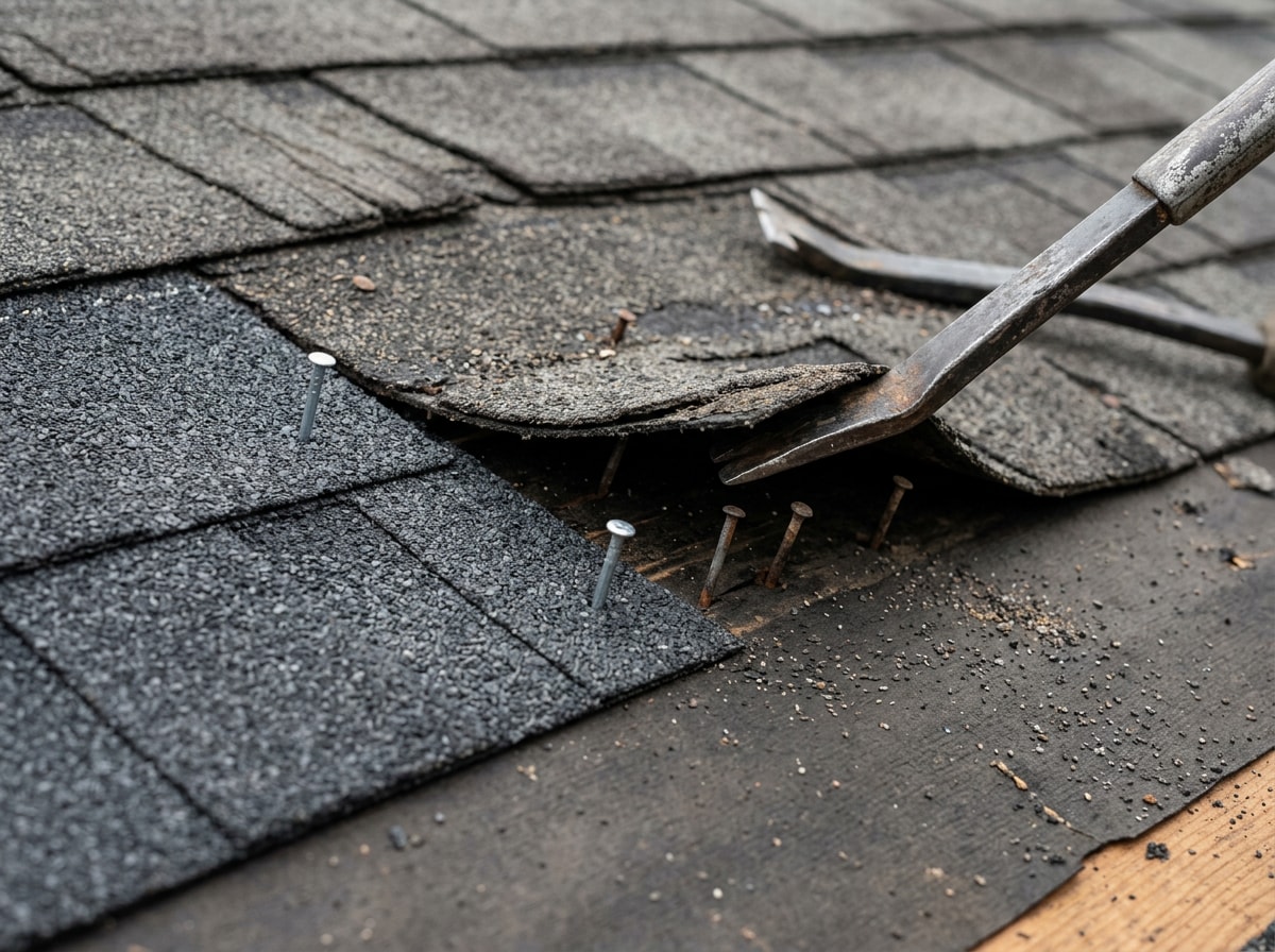 Step-by-step photo sequence showing asphalt shingle replacement with a pry bar and roofing nails