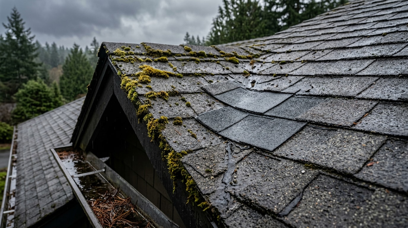 Close-up of a residential asphalt shingle roof with patched shingles and moss growth typical of a Pacific Northwest home Close-up of a residential asphalt shingle roof with patched shingles and moss growth typical of a Pacific Northwest home