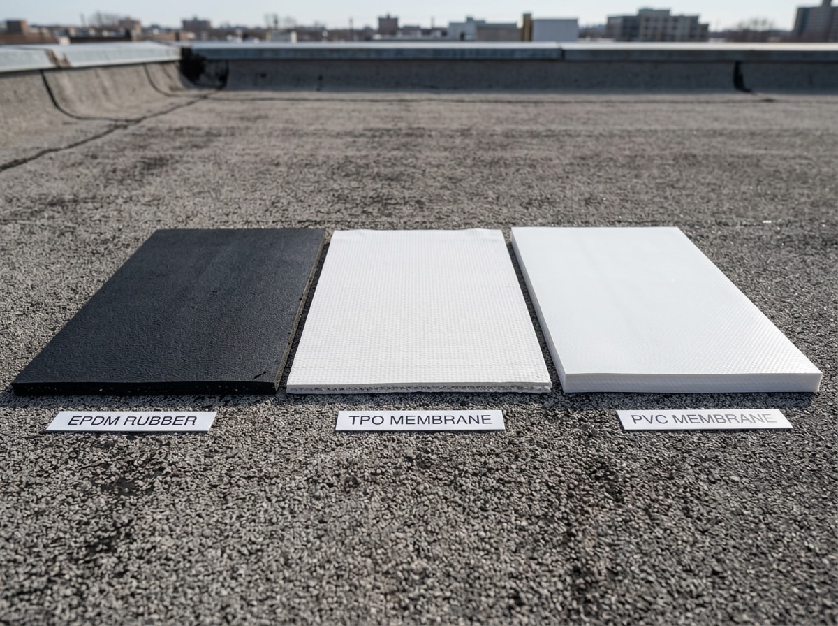 Comparison table of EPDM, TPO, and PVC roofing costs, lifespan, and seam strength