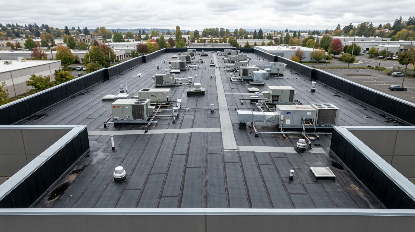 Commercial flat roof with EPDM rubber membrane installed in Vancouver, WA Commercial flat roof with EPDM rubber membrane installed in Vancouver, WA