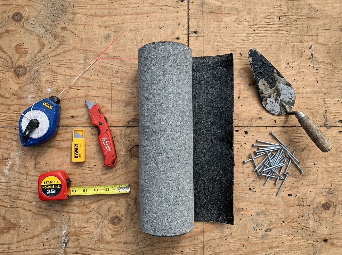 Flat-lay photo of roll roofing tools and materials including chalk line, utility knife, roofing nails, and cement