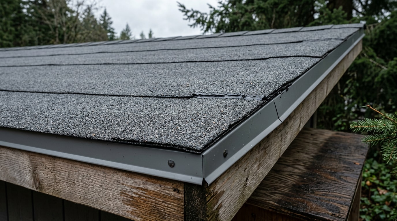 Finished roll roofing installation on a low-slope shed roof with metal drip edge
