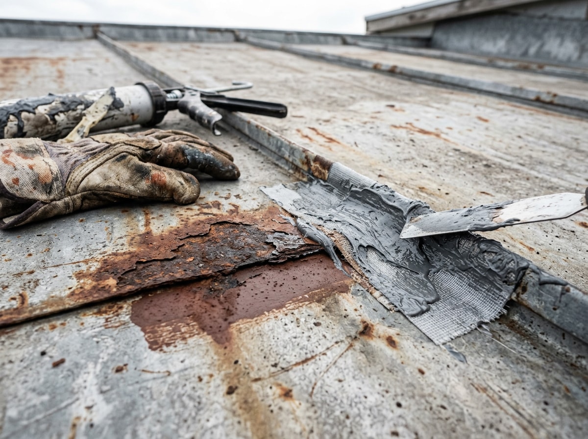 Close-up of a metal roof seam being resealed with reinforced tape before coating