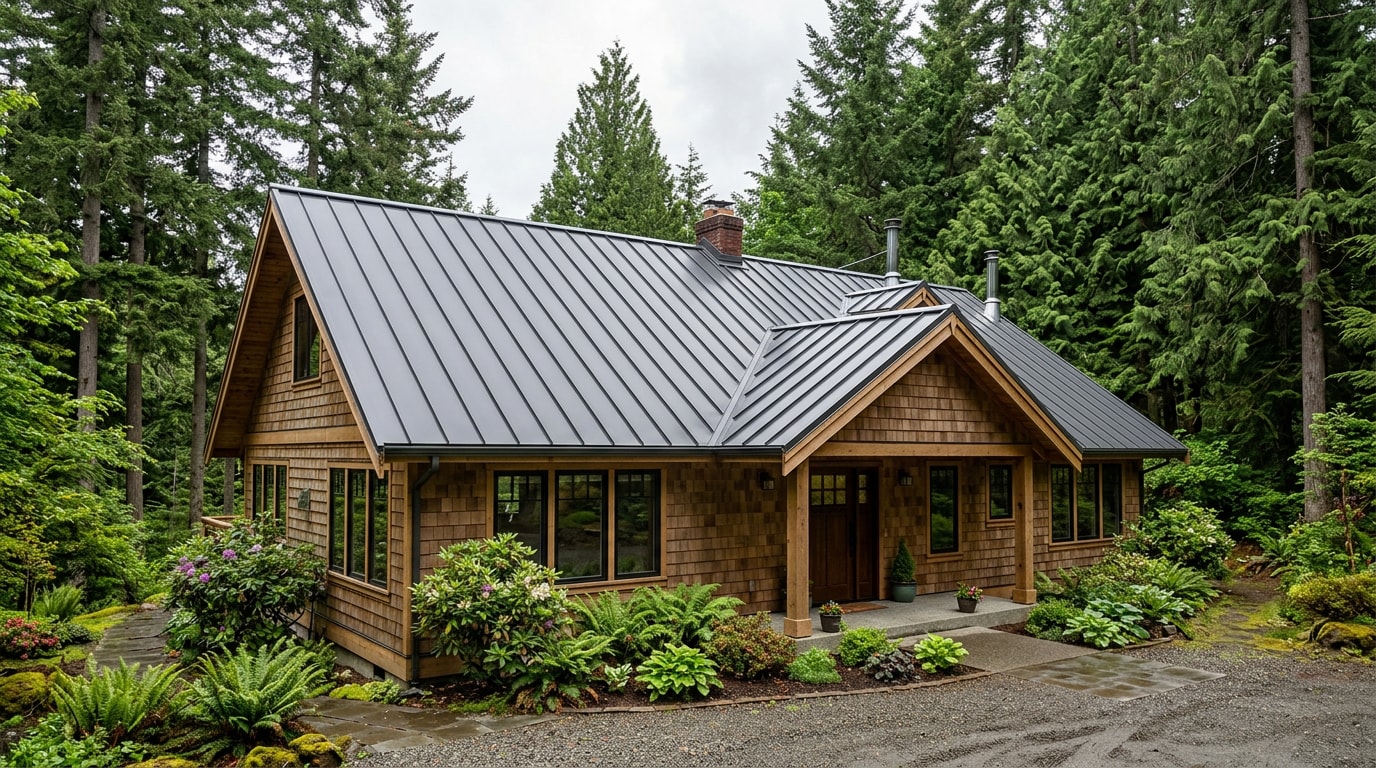 Freshly restored metal roof with protective silicone coating on a home in Estacada, OR