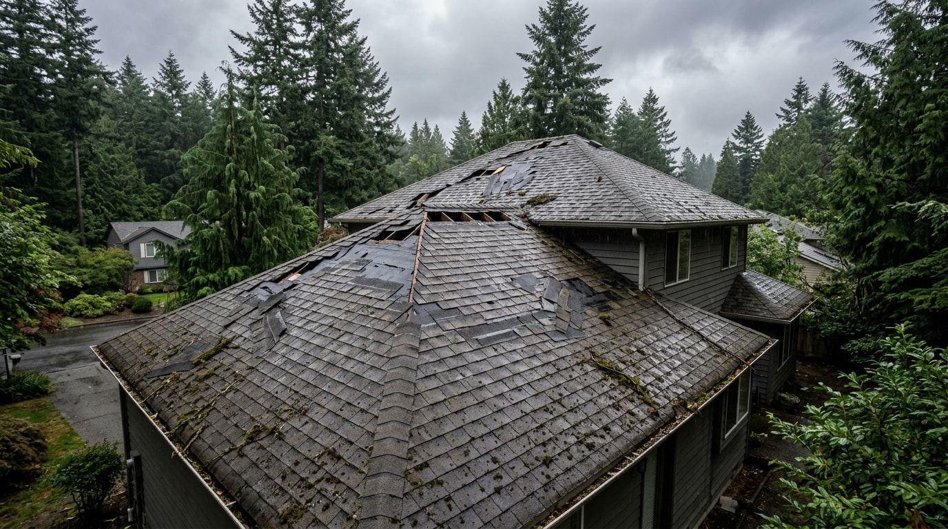 Storm-damaged asphalt shingle roof missing shingles exposing underlayment in Portland, Oregon Storm-damaged asphalt shingle roof missing shingles exposing underlayment in Portland, Oregon