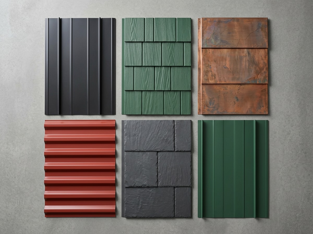 Grid of metal roofing profile and color samples including standing seam, shake, and slate styles