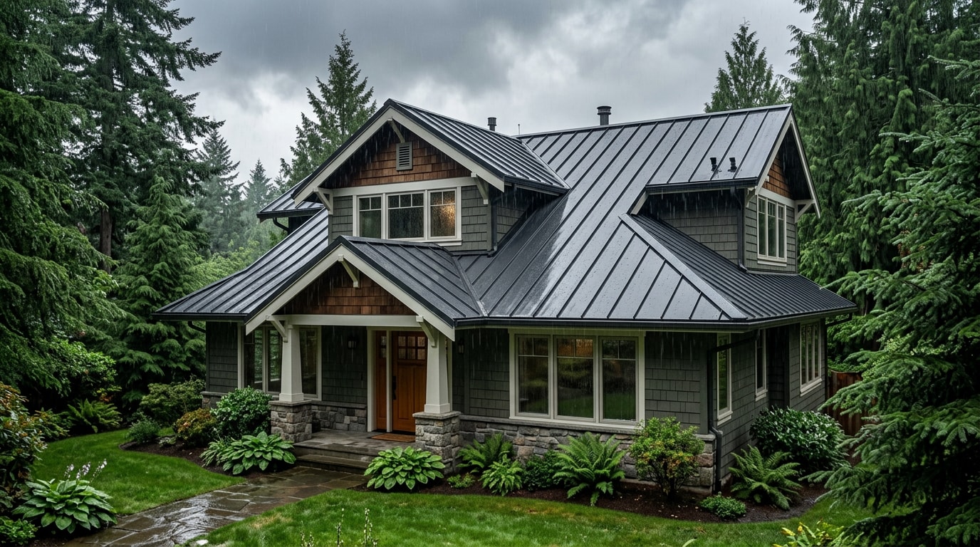 Standing seam metal roof on a McMinnville, OR home in overcast rainy weather