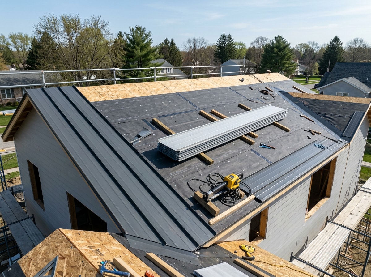 Roofing crew preparing standing seam panels for installation