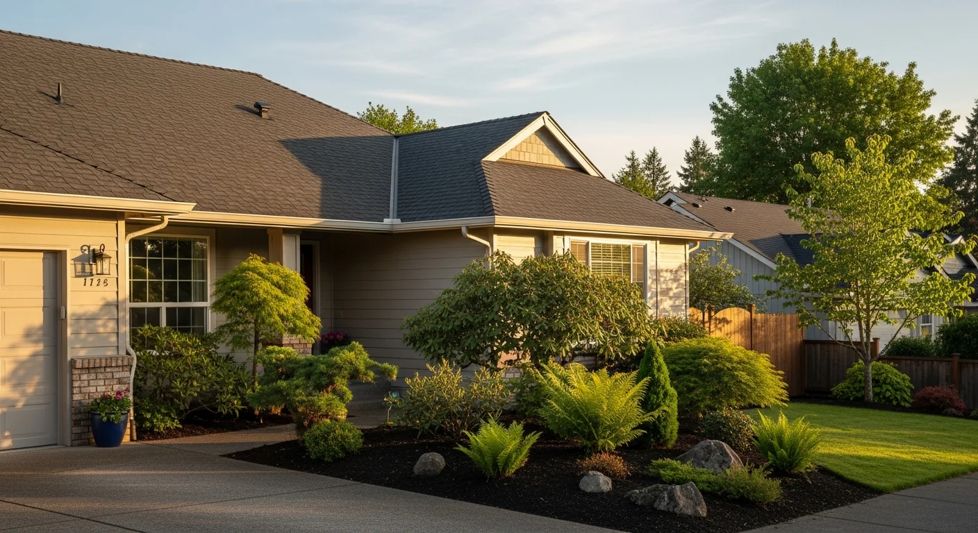 Suburban Beaverton home with manicured landscaping and driveway in afternoon light.