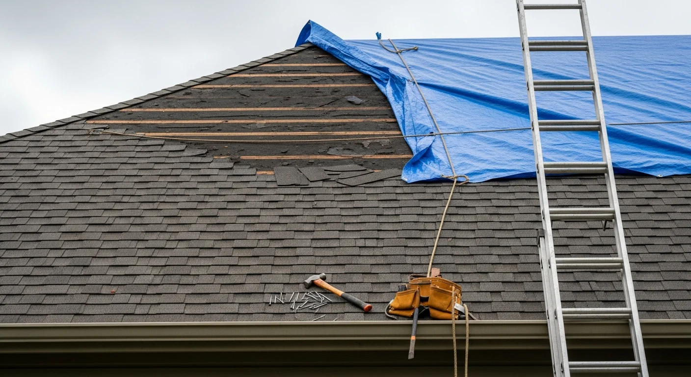 A Beaverton residential roof with storm-damaged shingles being repaired by a roofing crew, with temporary protective tarping secured over an exposed section of the roof deck. The surrounding suburban neighborhood and overcast Pacific Northwest sky are visible in the background.