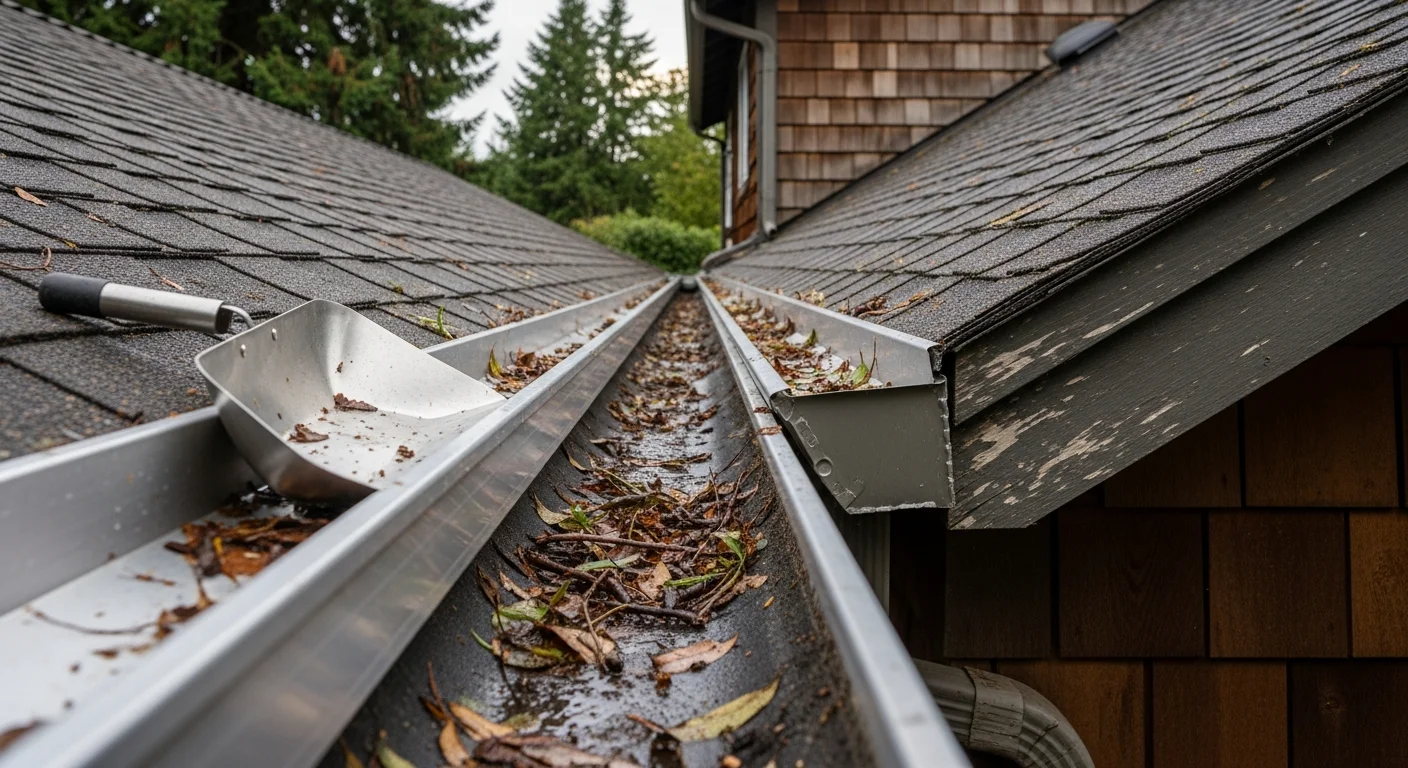 A Beaverton single-family home with newly installed gutter guards running along the full roofline, showing clean gutters free of fir needles and leaf debris. Mature trees are visible in the background, reflecting the typical tree canopy found across Beaverton neighborhoods.