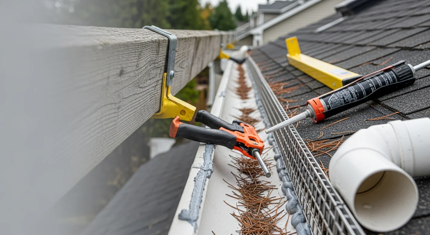 A gutter technician resealing a leaking joint on a residential home in Beaverton, Oregon, with mature Douglas firs visible in the background. The repaired gutter section runs along a single-story roofline with the downspout directed away from the foundation.