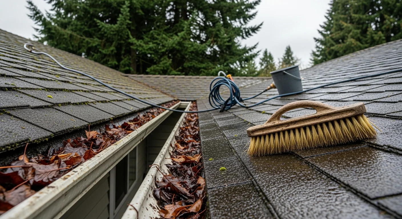 A Beaverton home's asphalt shingle roof after professional moss and algae removal by West Coast Roofers and Gutters LLC, showing clean shingle surfaces with cleared gutters and no visible organic growth. The roof sits beneath mature fir trees typical of Beaverton's shaded residential lots.