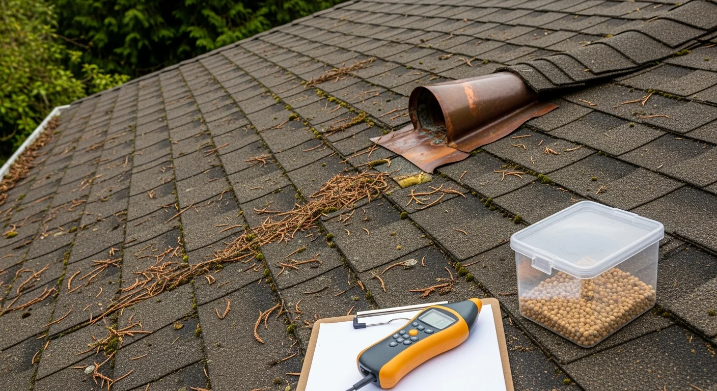 A roofing contractor from West Coast Roofers and Gutters LLC inspecting shingles and flashing on a residential roof in Beaverton, Oregon. Close-up view shows moss growth and granule wear typical of homes in the Pacific Northwest.