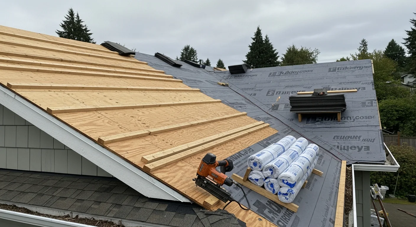 A completed roof replacement on a single-story residential home in Beaverton, Oregon, showing new shingles, clean ridge line, and finished flashing around the chimney. The surrounding yard is clear of debris following job completion.