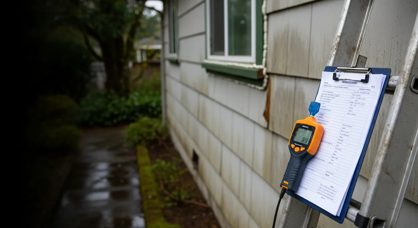 A West Coast Roofers and Gutters LLC inspector examining exterior siding panels on a single-family home in Beaverton, Oregon, checking seams and flashing for signs of moisture damage and wear.
